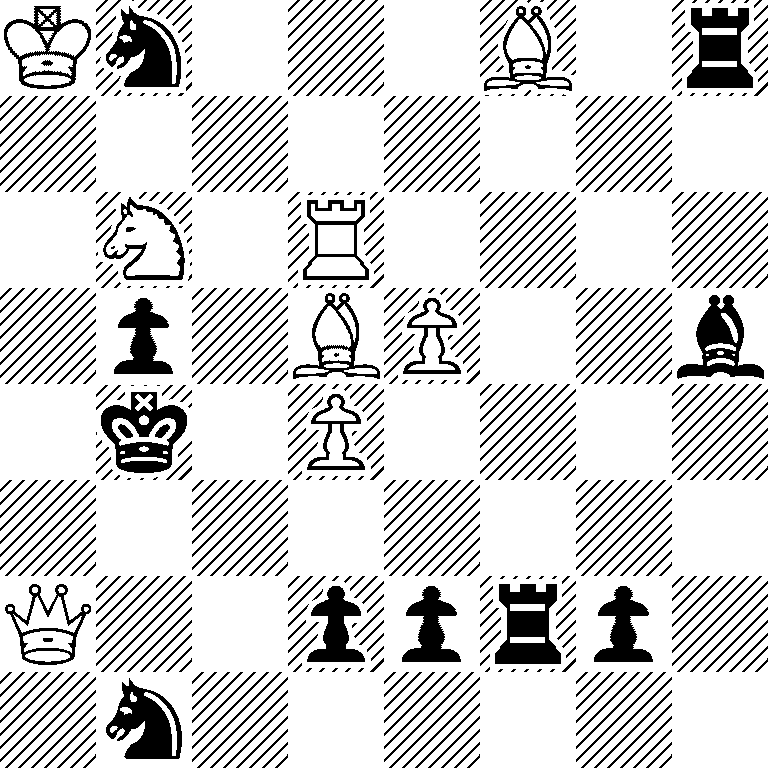 Kn3B1r/8/1N1R4/1p1BP2b/1k1P4/8/Q2pprp1/1n6