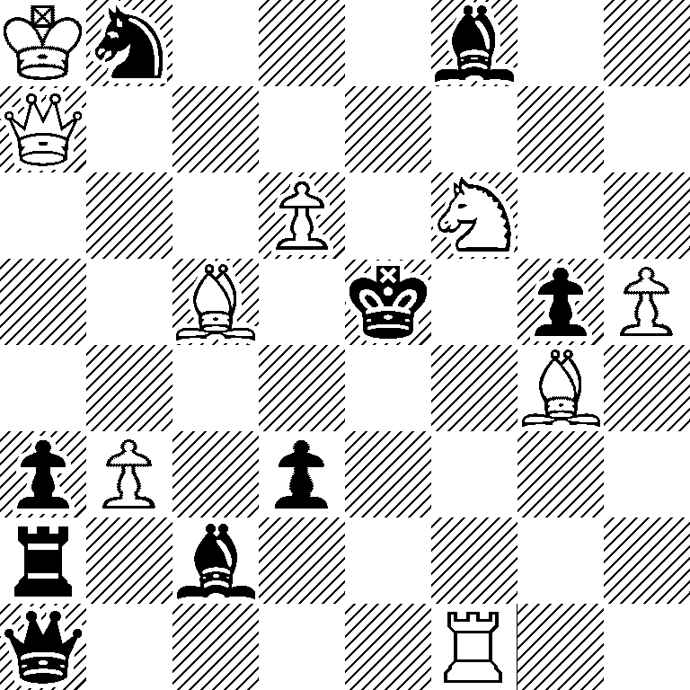 Kn3b2/Q7/3P1N2/2B1k1pP/6B1/pP1p4/r1b5/q4R2