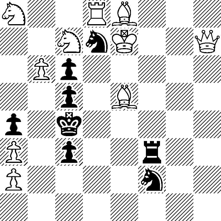 N2RB3/2NnK2Q/1Pp5/2p1B3/p1k5/P1p2r2/P4n2/8