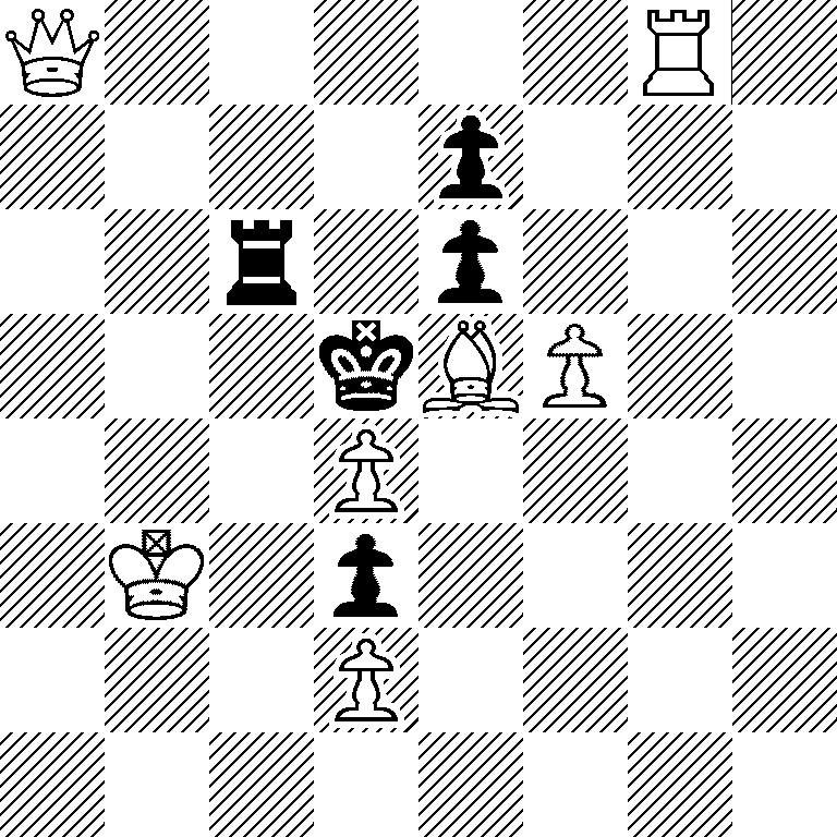 Q5R1/4p3/2r1p3/3kBP2/3P4/1K1p4/3P4/8