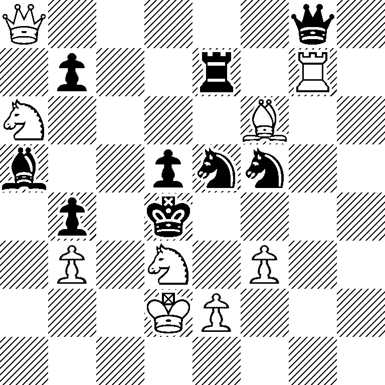 Q5q1/1p2r1R1/N4B2/b2pnn2/1p1k4/1P1N1P2/3KP3/8