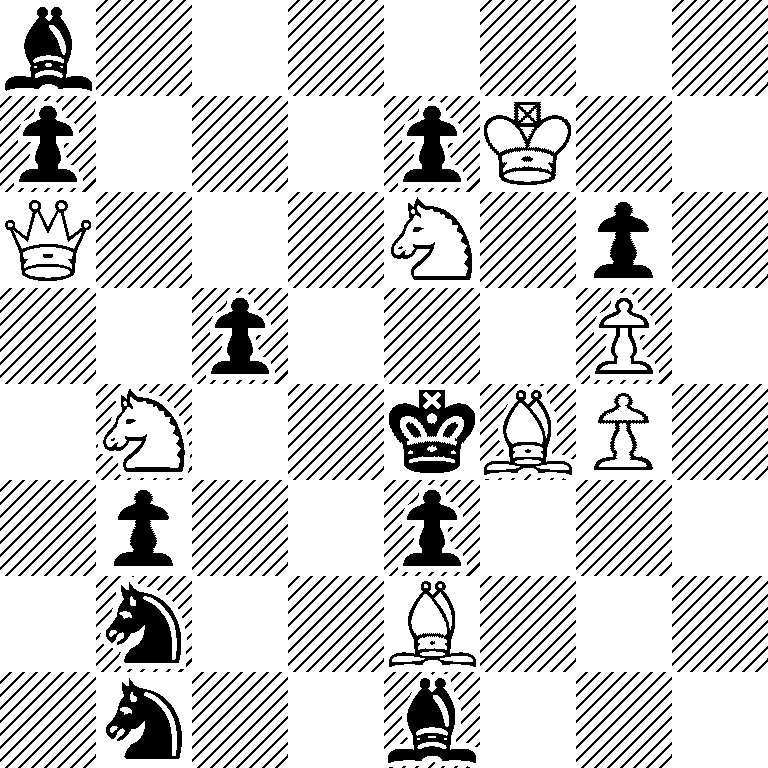 b7/p3pK2/Q3N1p1/2p3P1/1N2kBP1/1p2p3/1n2B3/1n2b3