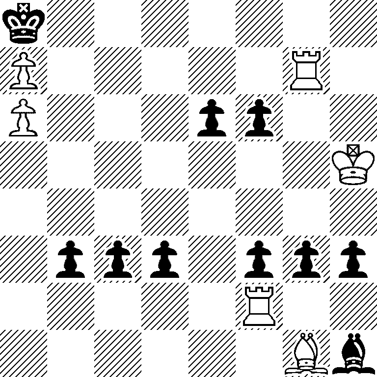k7/P5R1/P3pp2/7K/8/1ppp1ppp/5R2/6Bb