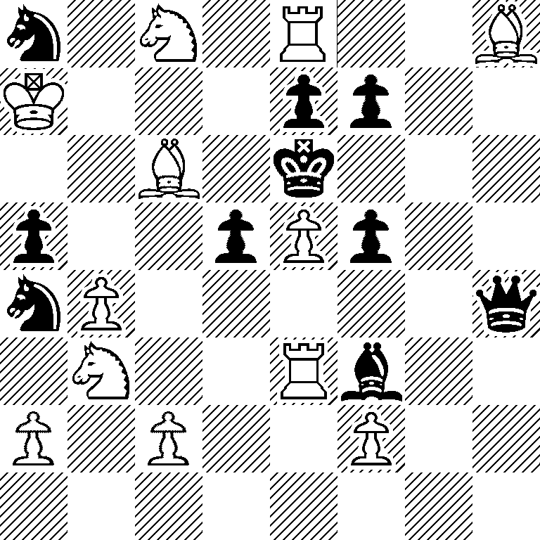 n1N1R2B/K3pp2/2B1k3/p2pPp2/nP5q/1N2Rb2/P1P2P2/8