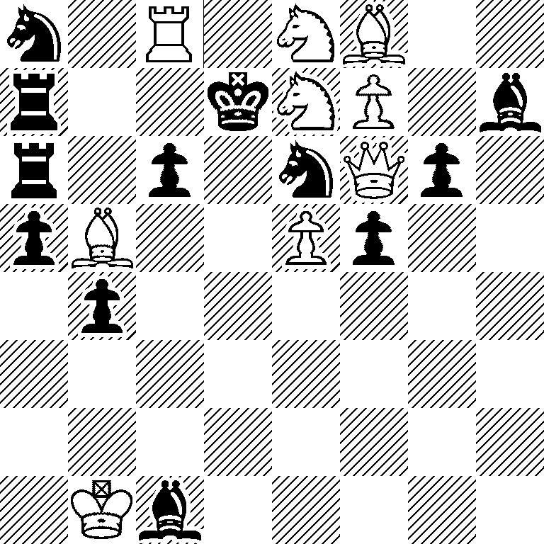 n1R1NB2/r2kNP1b/r1p1nQp1/pB2Pp2/1p6/8/8/1Kb5