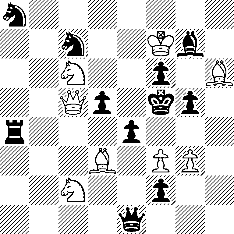 n7/2n2Kb1/2N2p1B/2Qp1kp1/r3p3/3B1PP1/2N2p2/4q3