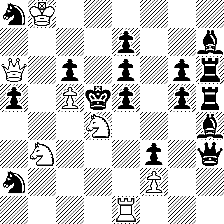 nK6/4p2b/Q1p1p1pr/p1Pkp1pr/3N3b/1N3p1q/n4P2/4R3