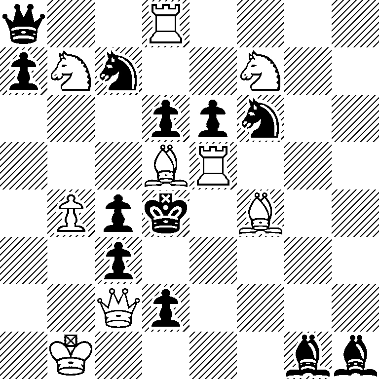 q2R4/pNn2N2/3ppn2/3BR3/1Ppk1B2/2p5/2Qp4/1K4bb
